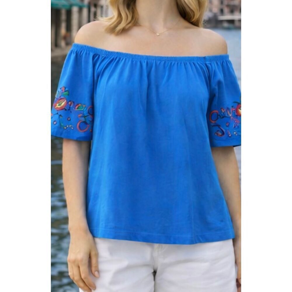 Westport blue embroidered sleeve blouse xs